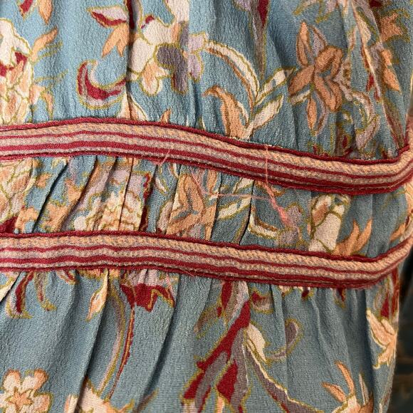 Veronica Beard Blue Floral Boho Peasant Tunic Dress Rayon Tie Waist Romantic - Picture 8 of 14